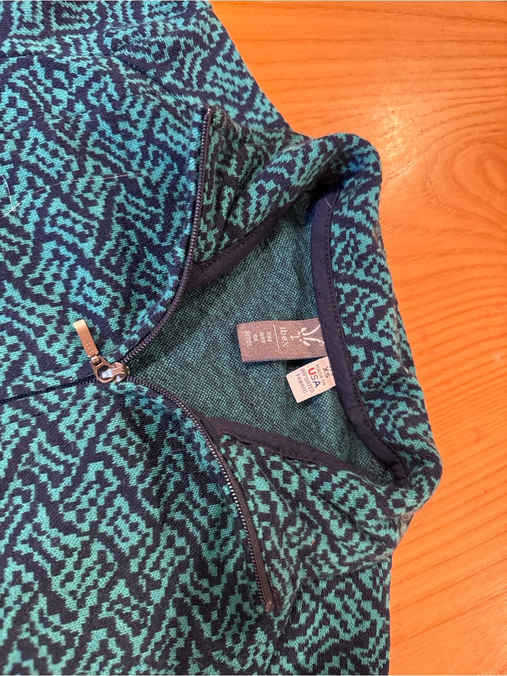 Ibex Juliet Teal and Navy Patterned Two way Zip Tunic/Long Cardigan. EUC. Xs